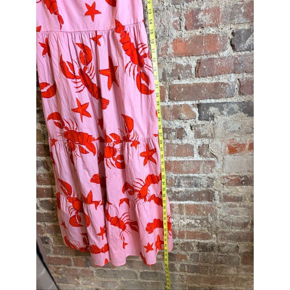 J.CREW • Pink/Red Lobster & Starfish 1” Strap Sleeve Tiered Midi Sundress • Ladi - Picture 3 of 5
